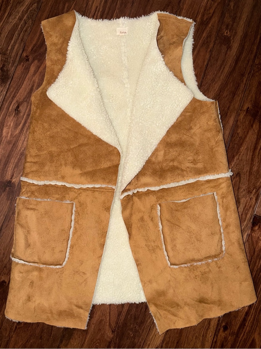 Women’s Listicle Suede and Sherpa Long Open Front Vest Size Large  Brown BNWoT